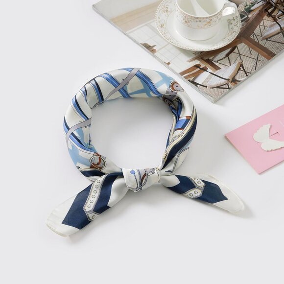 Women Blue Chain Headscarf Satin Bandana Pattern Polyester Breathable Scarves - Picture 2 of 7